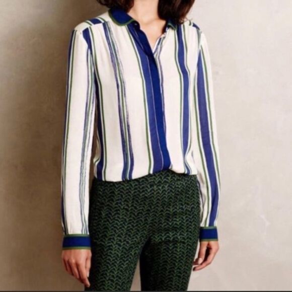 Maeve retro Blue and Green Button Down Blouse - Picture 9 of 9